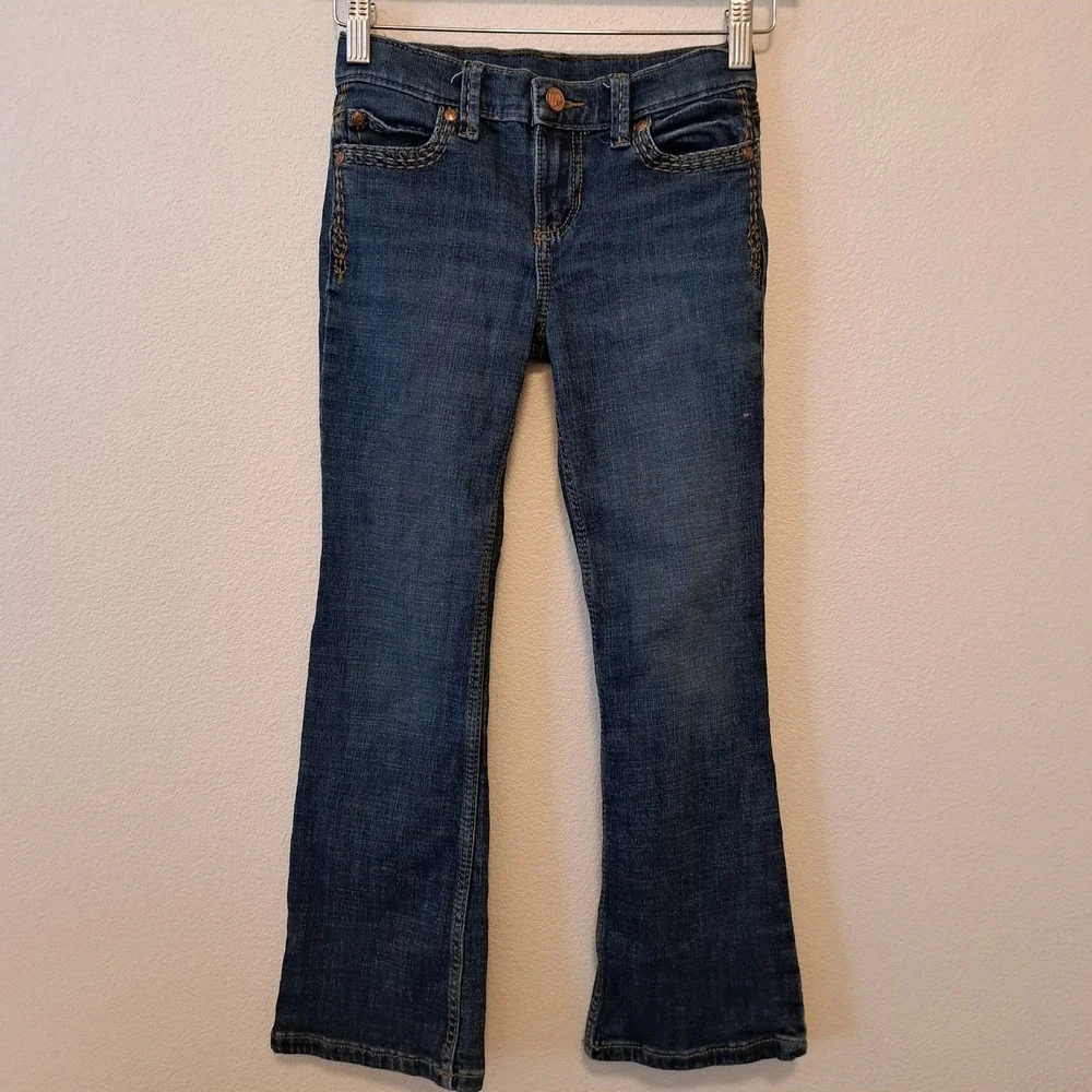 Wrangler Girls Dark Wash Bootcut Western Jeans with Contrast Stitching Size 7